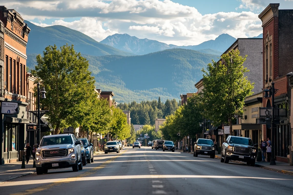 Kalispell downtown main street with mountain views and local businesses