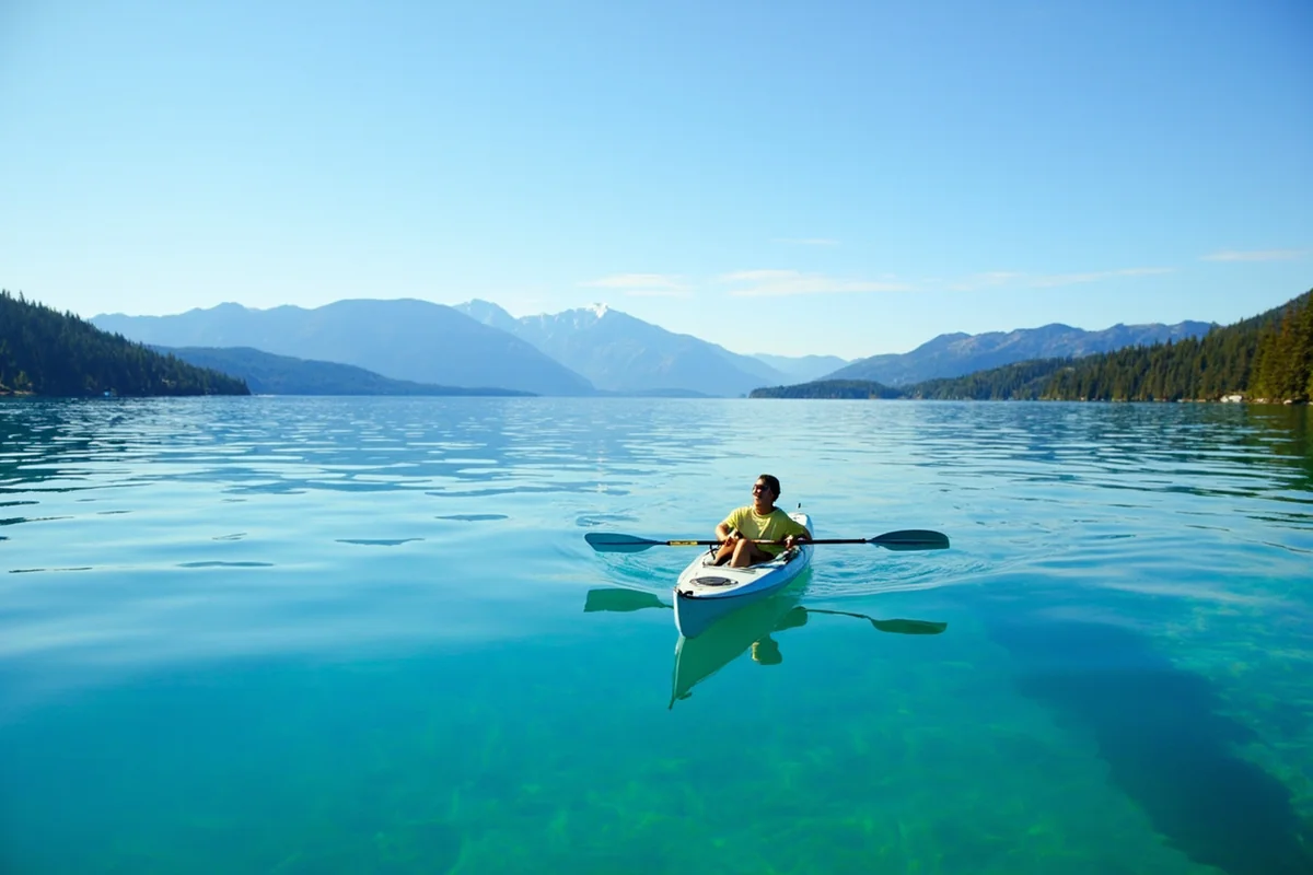 Kayaker on the crystal-clear waters of Flathead Lake with Mission Mountains visible in the distance