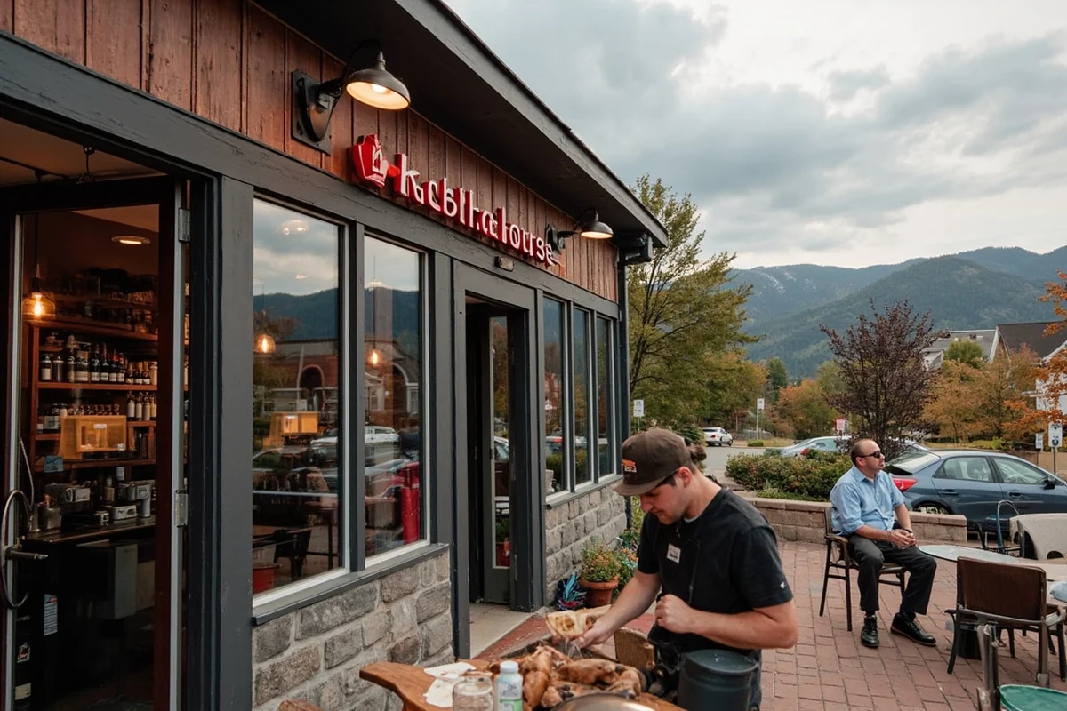 KettleHouse Northside exterior with customers on patio and mountains visible in distance