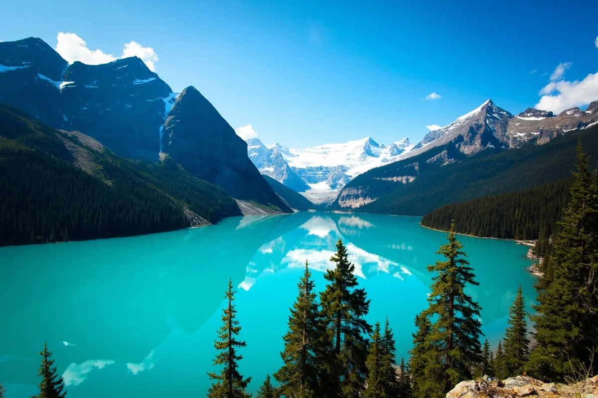 Kintla Lake with turquoise glacial water surrounded by dense forest and mountain peaks under a clear blue sky