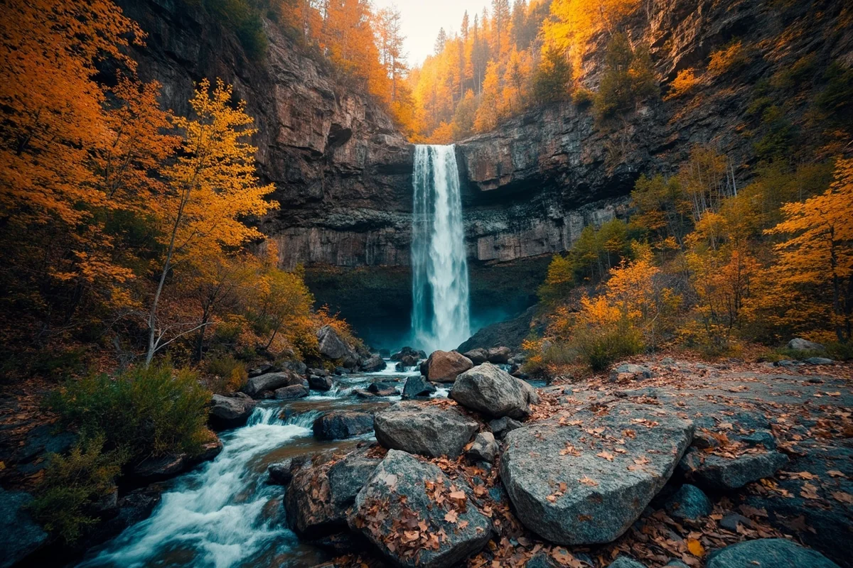 Knowles Falls area in early fall with changing vegetation along the canyon walls