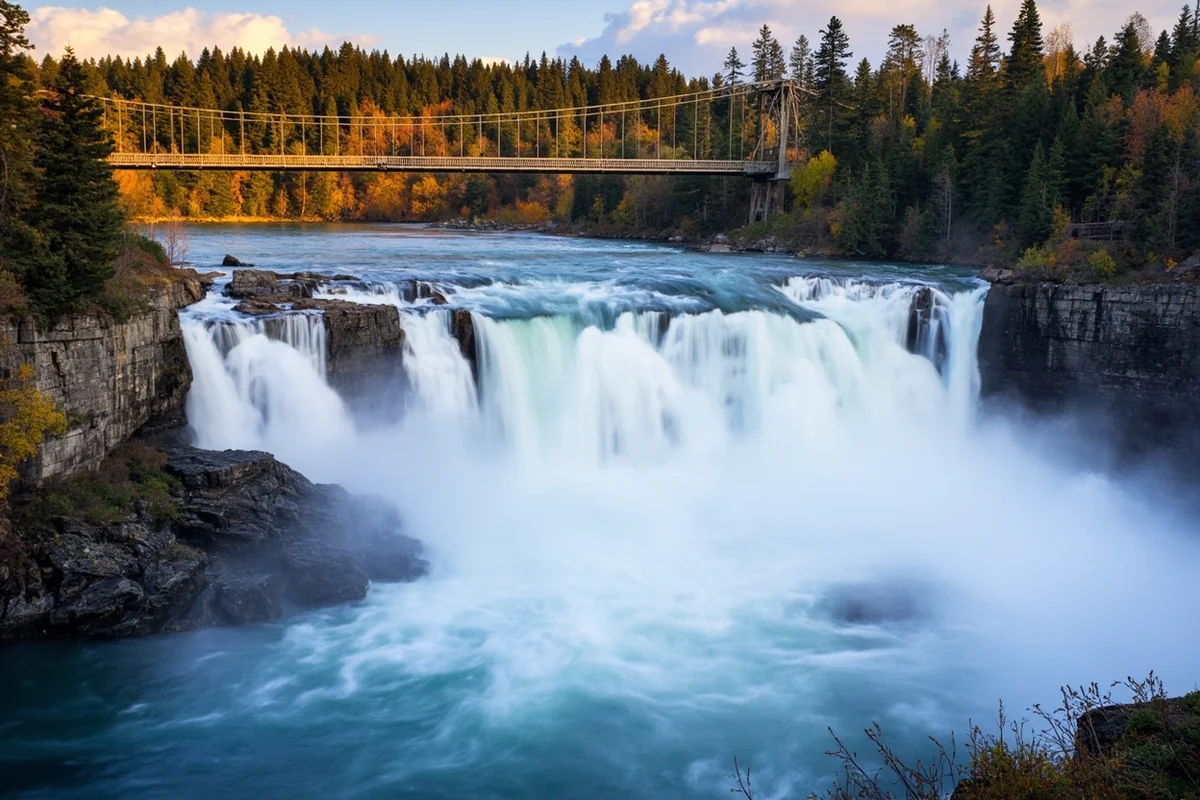 Kootenai Falls' wide cascade with the historic swinging bridge visible in the distance, fall colors beginning to show on surrounding trees