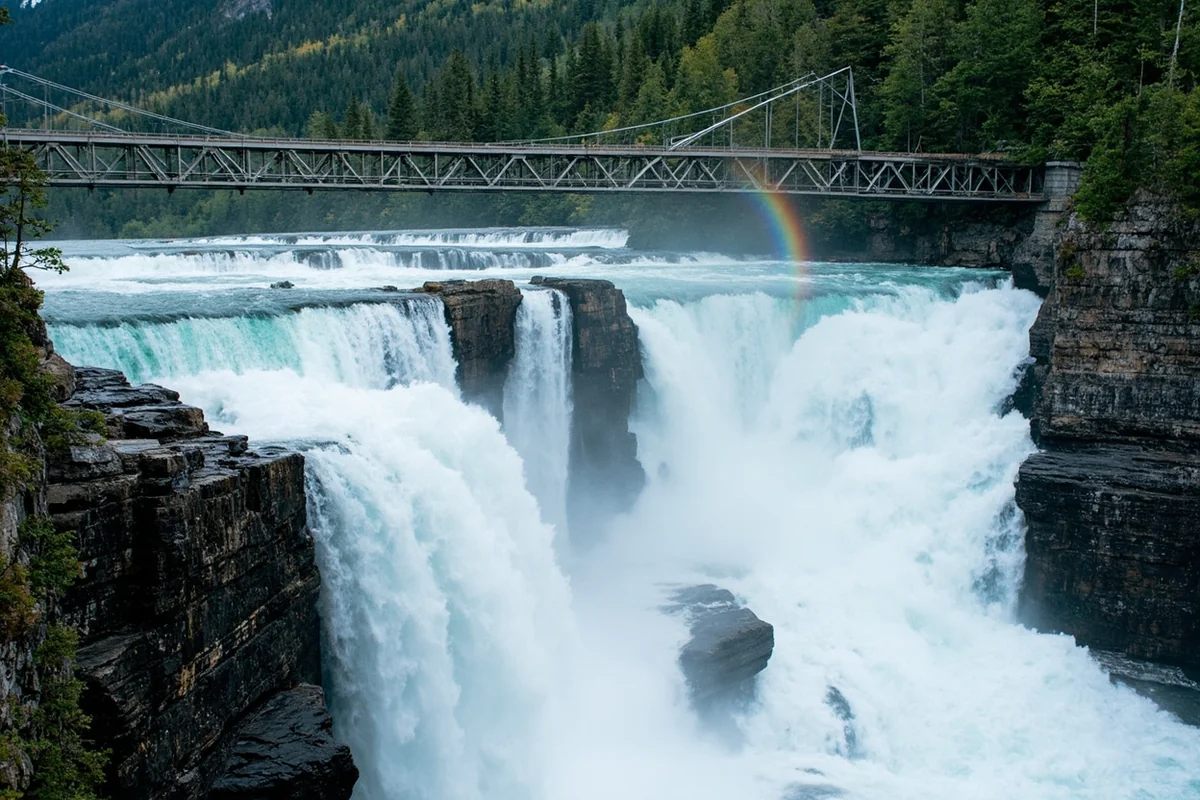 Kootenai Falls with swinging bridge visible, powerful whitewater cascading over multiple rock shelves