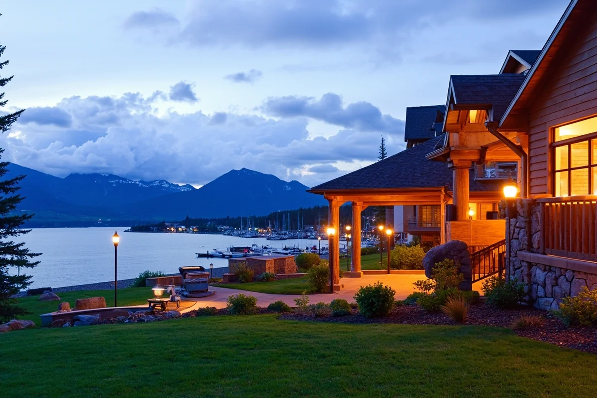 KwaTaqNuk Resort exterior showing Flathead Lake shoreline and marina with mountains in background