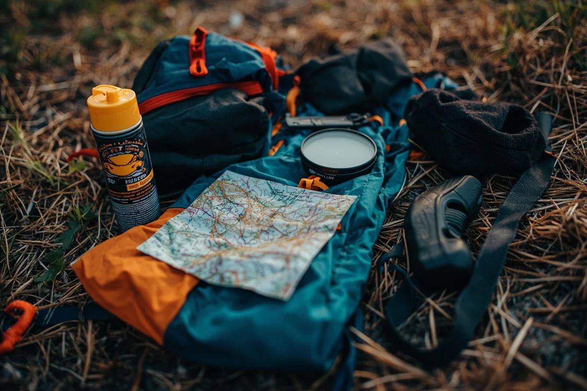 Laid out gear organized on the ground including bear spray, map, water filter, and layers