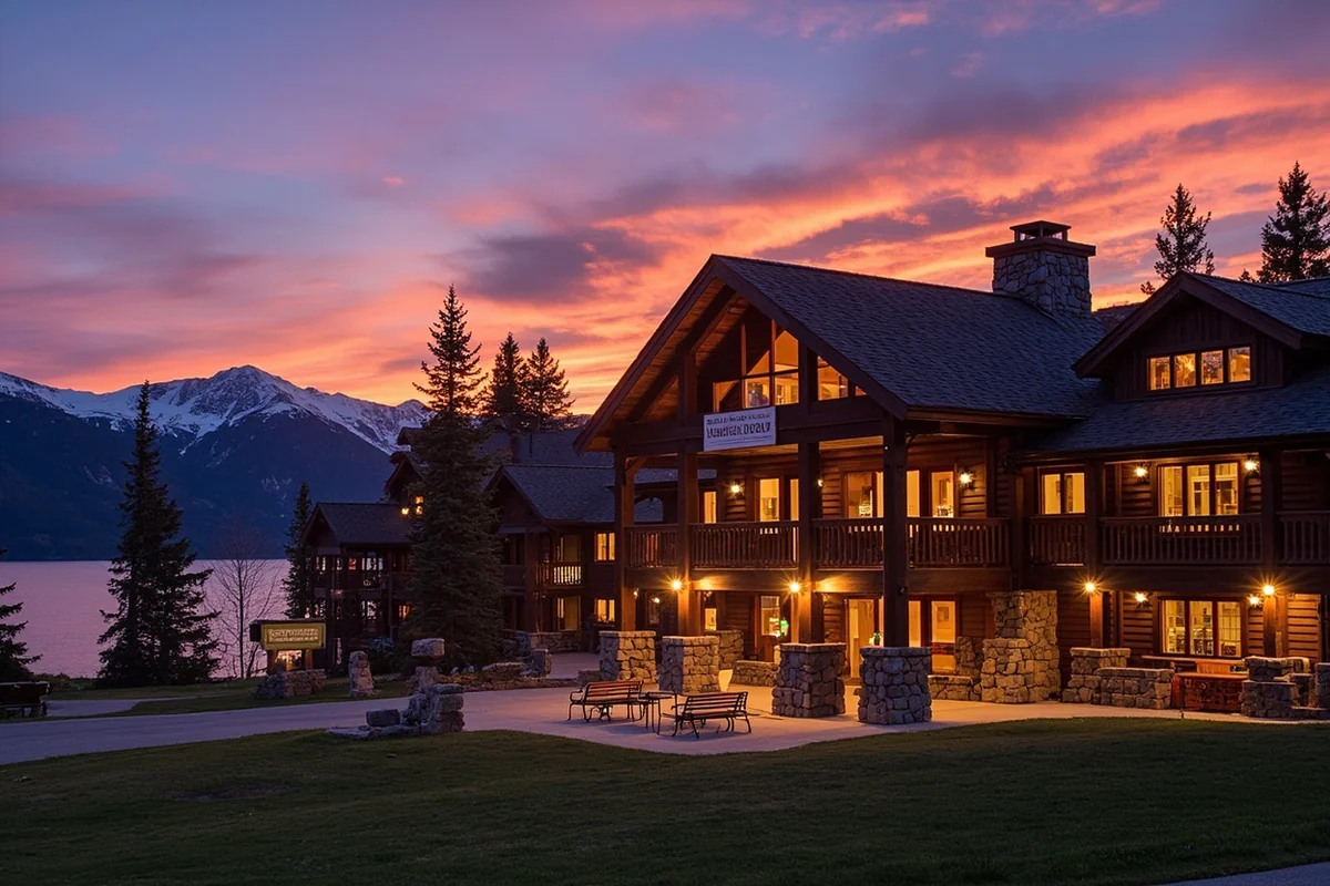 Lake McDonald Lodge exterior showing the Swiss chalet architecture with Lake McDonald in the background at sunset