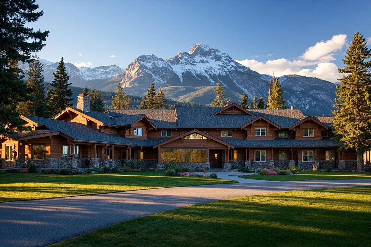 Lake McDonald Lodge exterior with mountain backdrop