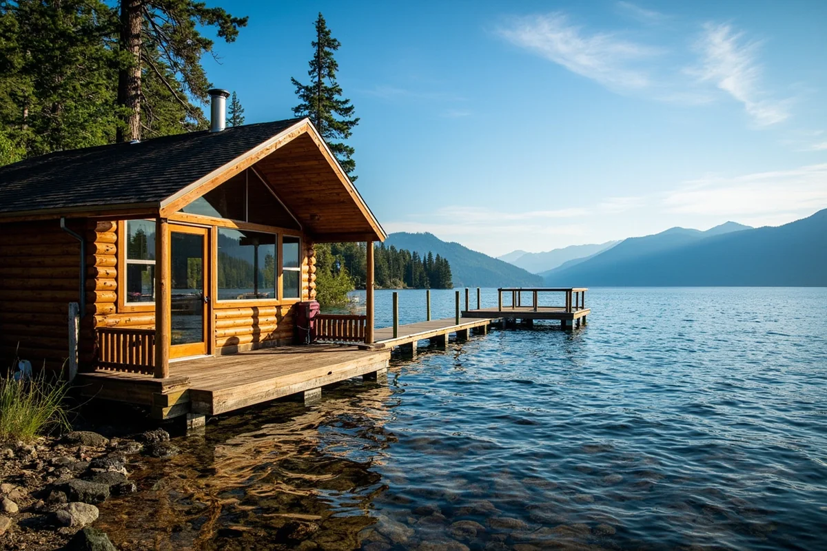 Lakeside cabin on Flathead Lake with dock and mountain views