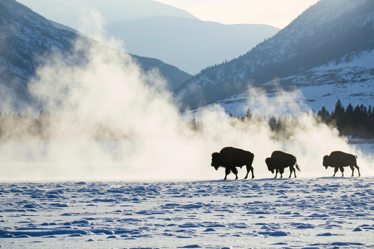 Lamar Valley in Yellowstone during winter with bison herd and steam from thermal features