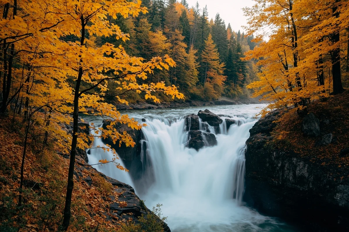 Lange Falls during autumn with golden larch trees in the foreground