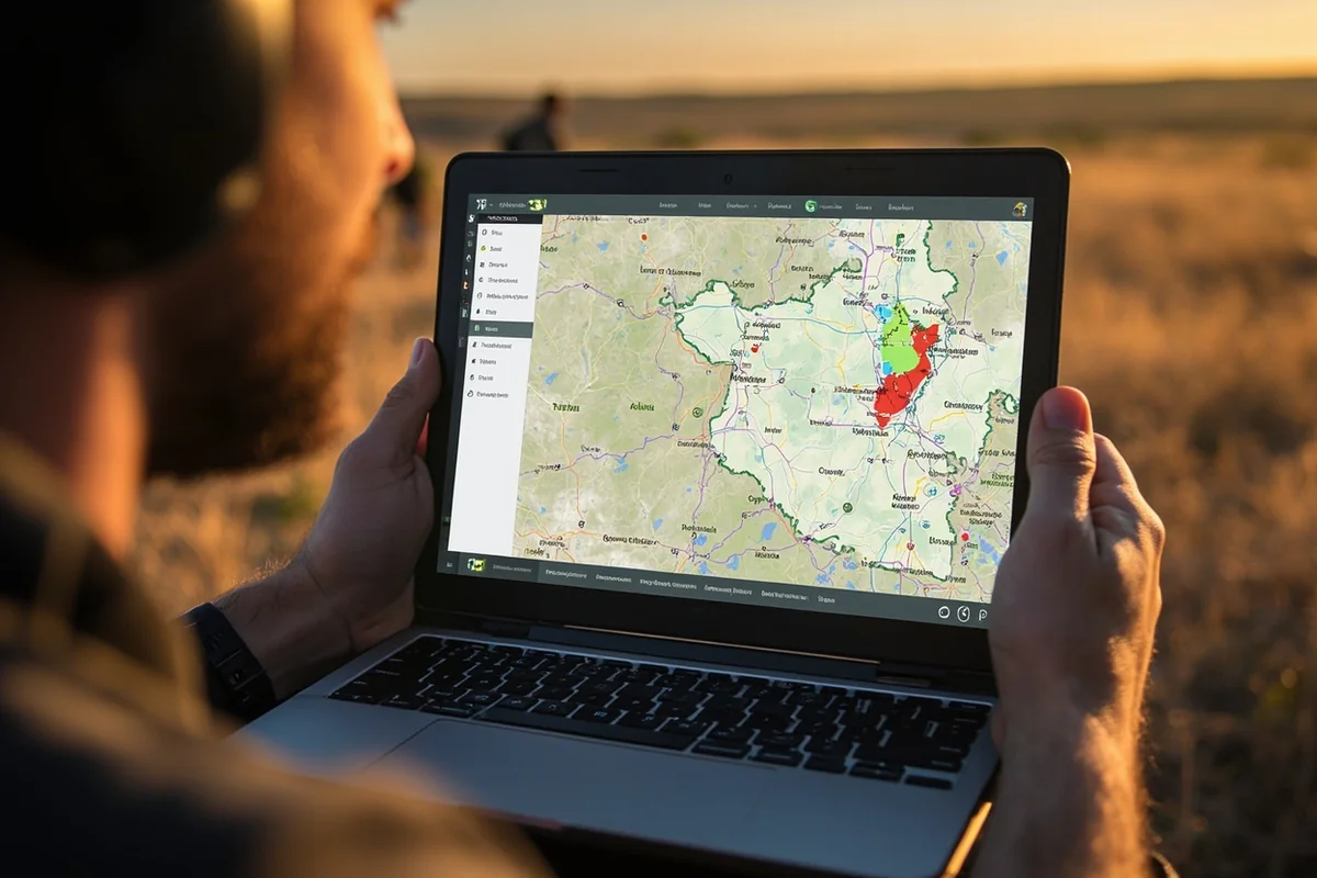 Laptop screen showing FWP Hunt Planner tool with hunting district map and overlaid public land boundaries