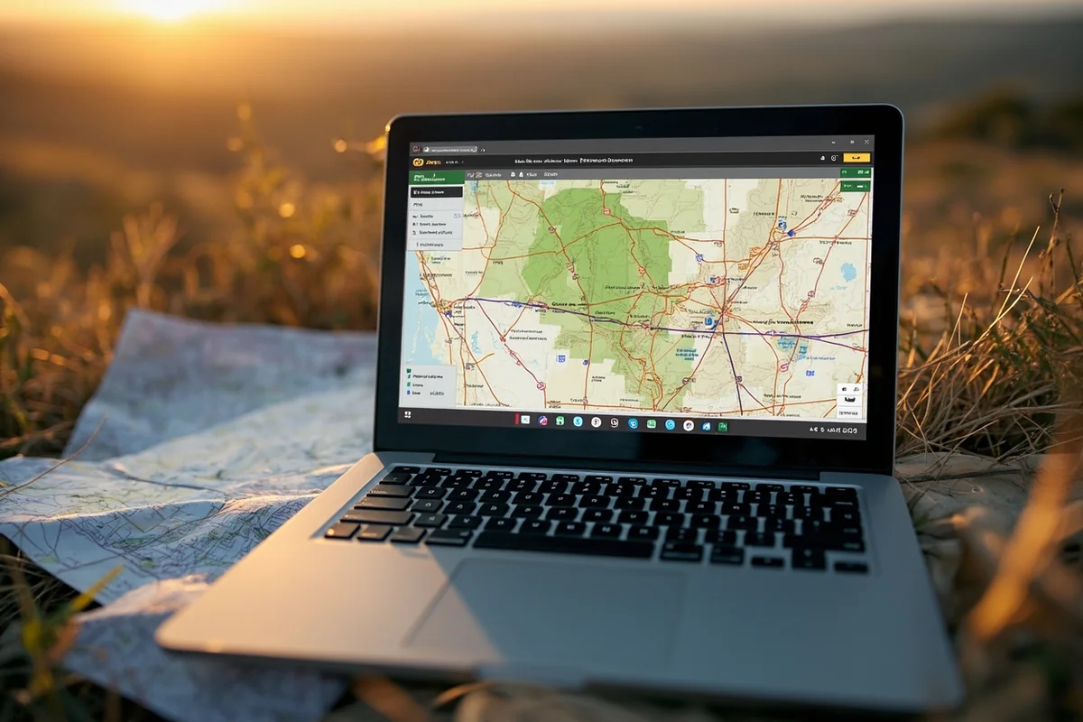 Laptop showing onX Hunt mapping software with Montana hunting district overlay, next to printed topographic maps
