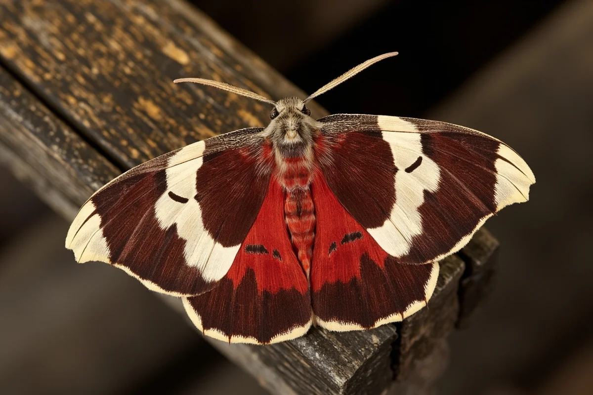 Large Cecropia moth resting on weathered barn wood, showing full 6-inch wingspan with distinctive red and white markings