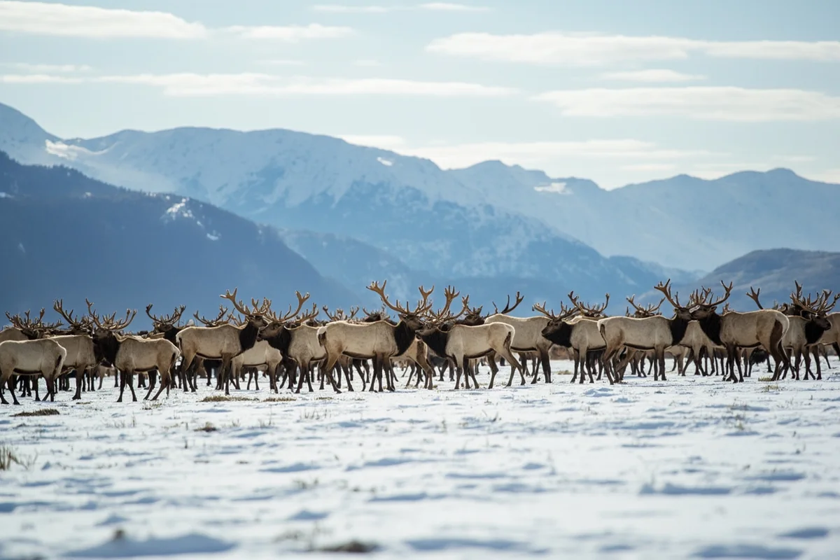Large elk herd gathered in snowy valley with mountains in background