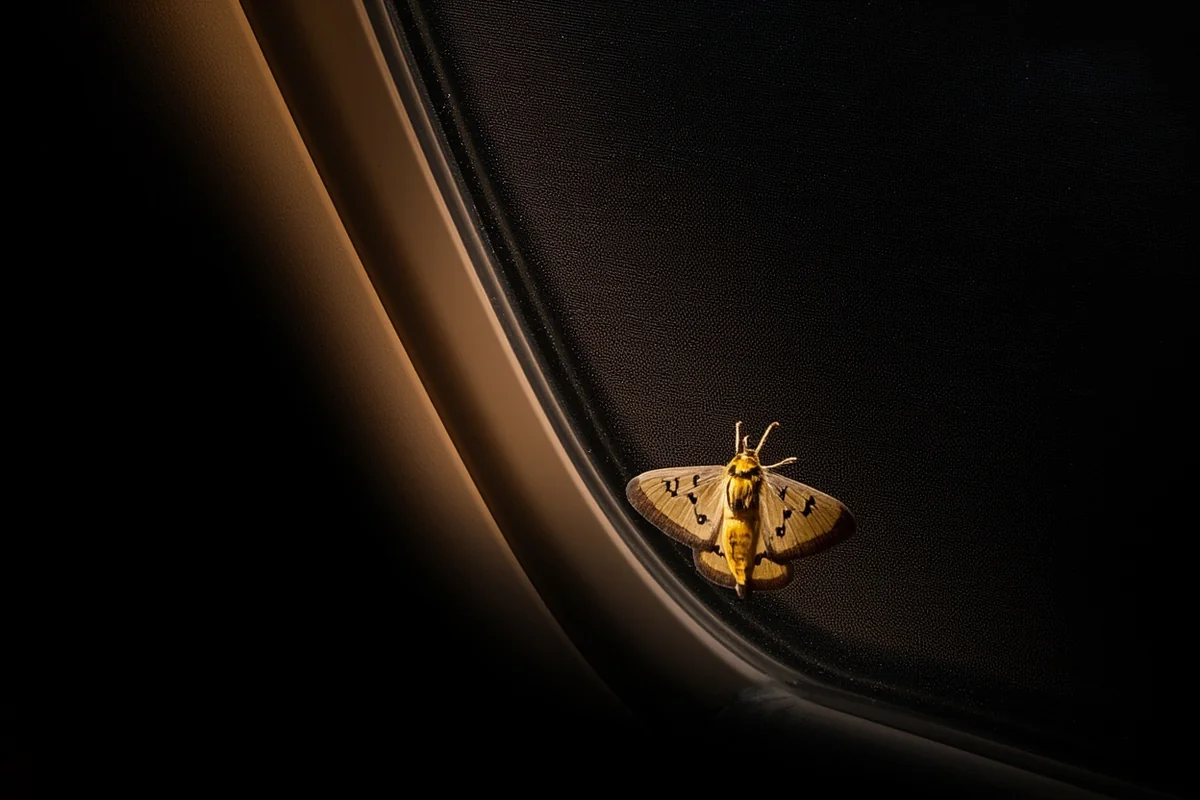 Large moth resting on a cabin window screen at night with interior light glowing behind