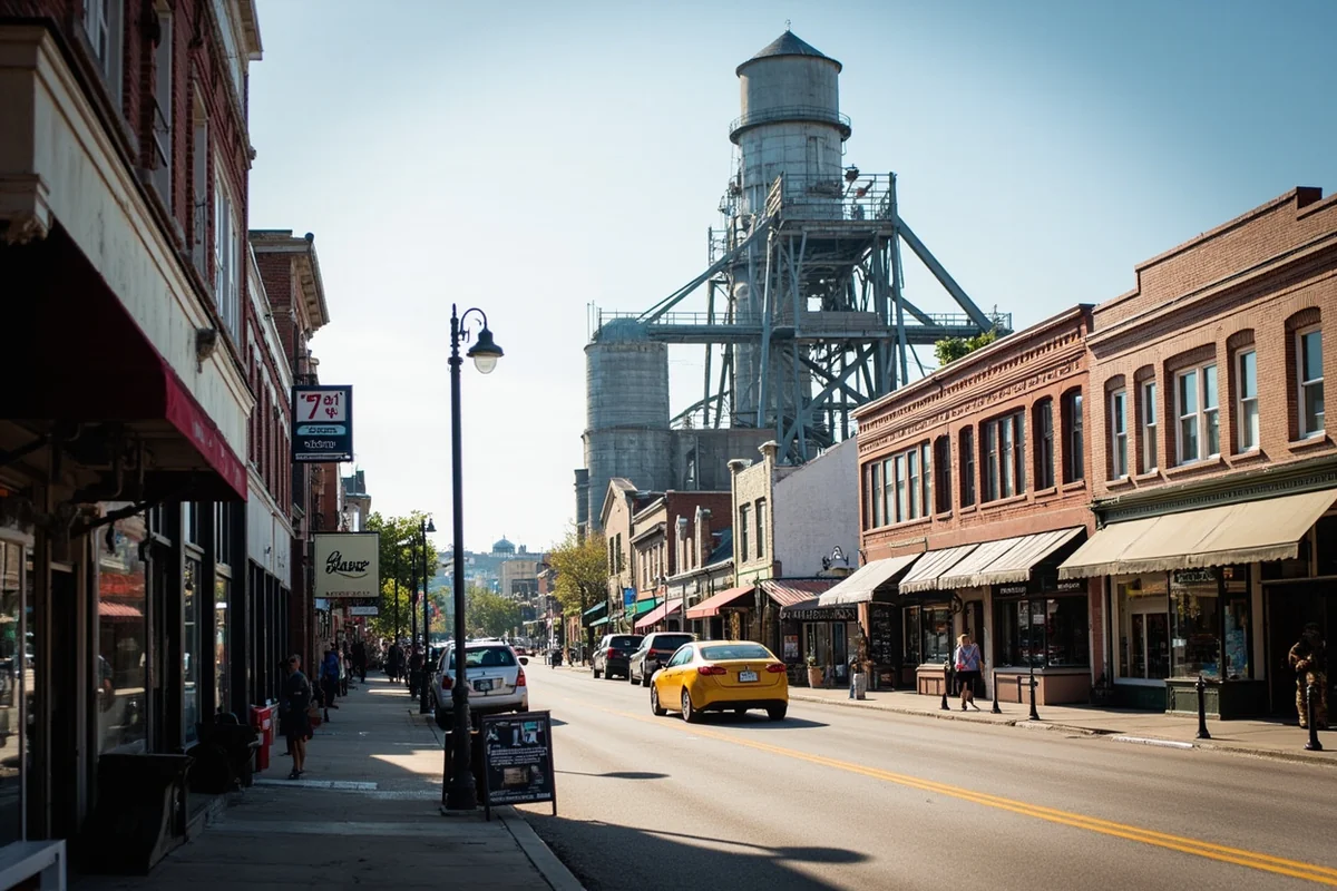 Laurel's charming Main Street with local shops and the iconic grain elevators in the background