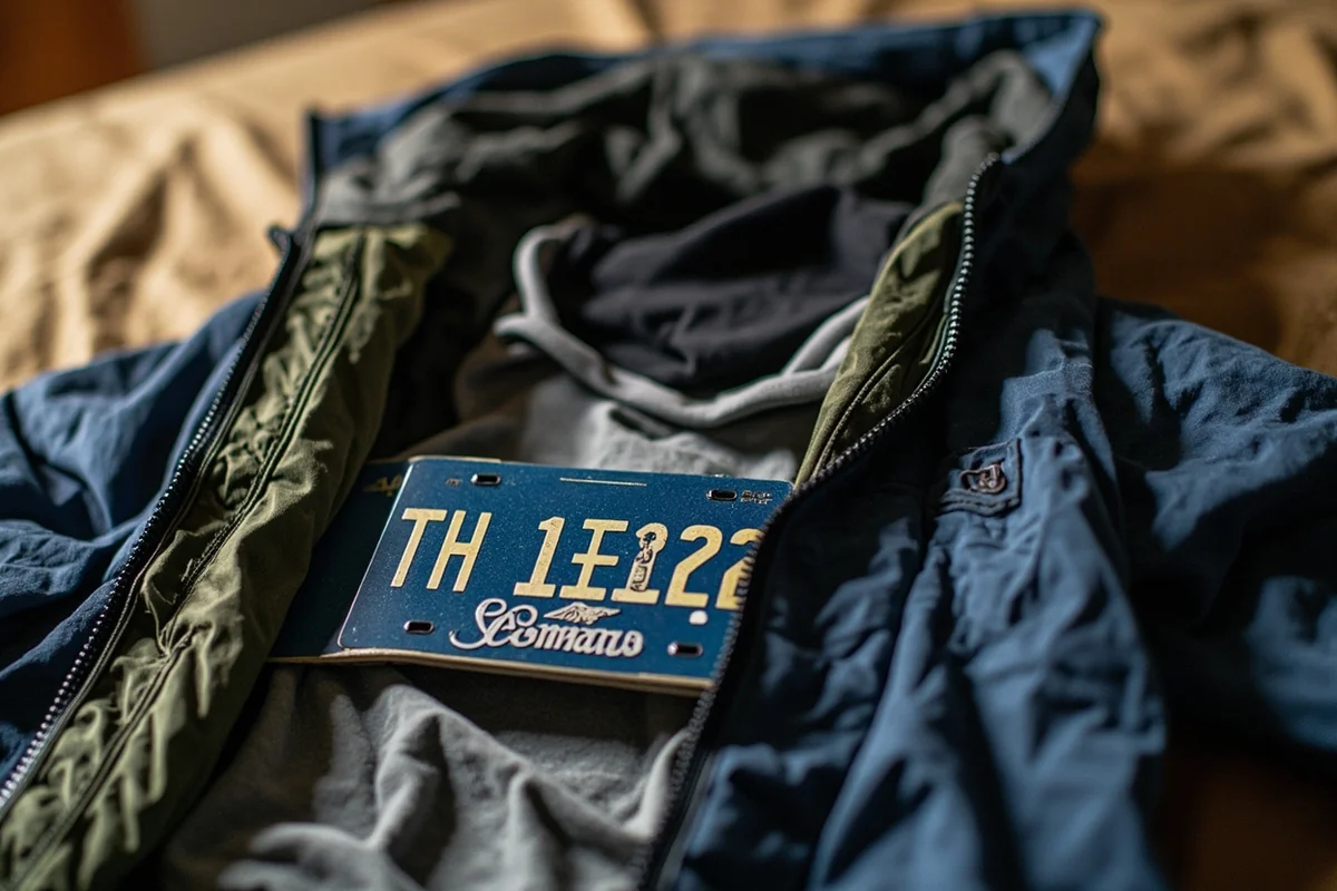 Layered clothing system laid out flat - base layer, mid layer, and outer shell with Montana license plate visible