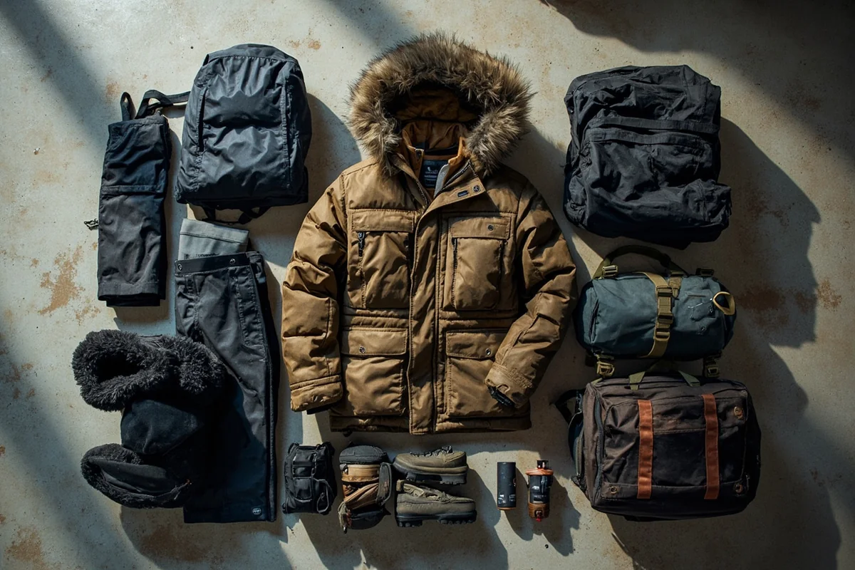 Layered winter clothing and gear laid out for a Montana winter trip