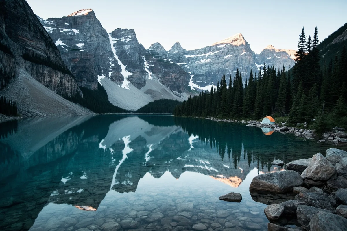 Leigh Lake reflecting surrounding peaks with small tent visible at designated camping area on shore