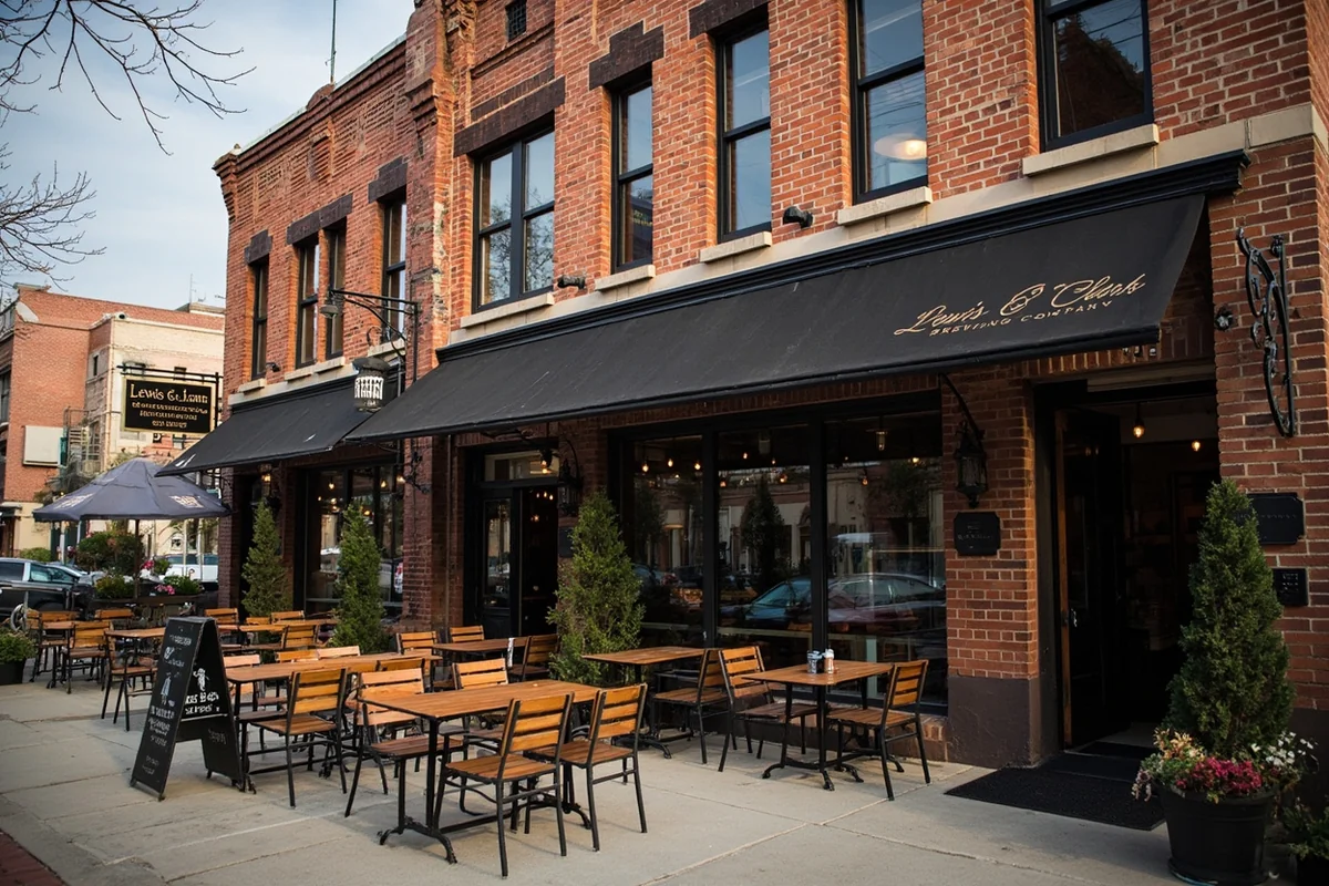 Lewis & Clark Brewing Company exterior showing historic brick building and outdoor patio seating