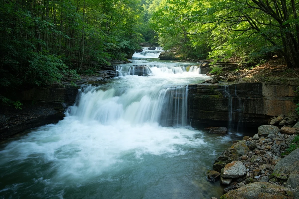 Little North Fork Falls during peak flow in late June showing maximum water volume