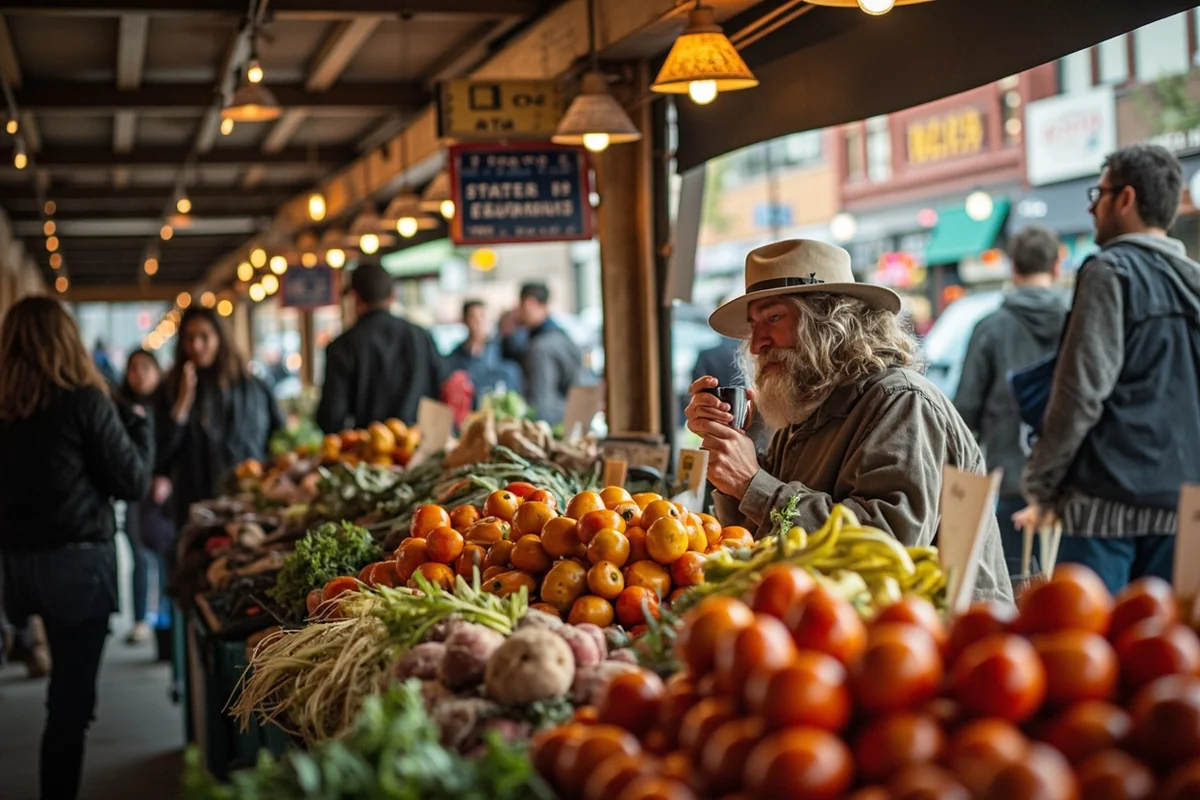 Lively farmers market scene in a Montana downtown area