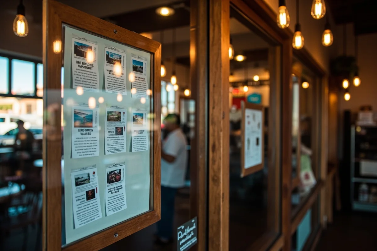 Local coffee shop in Missoula with community bulletin board showing housing wanted ads