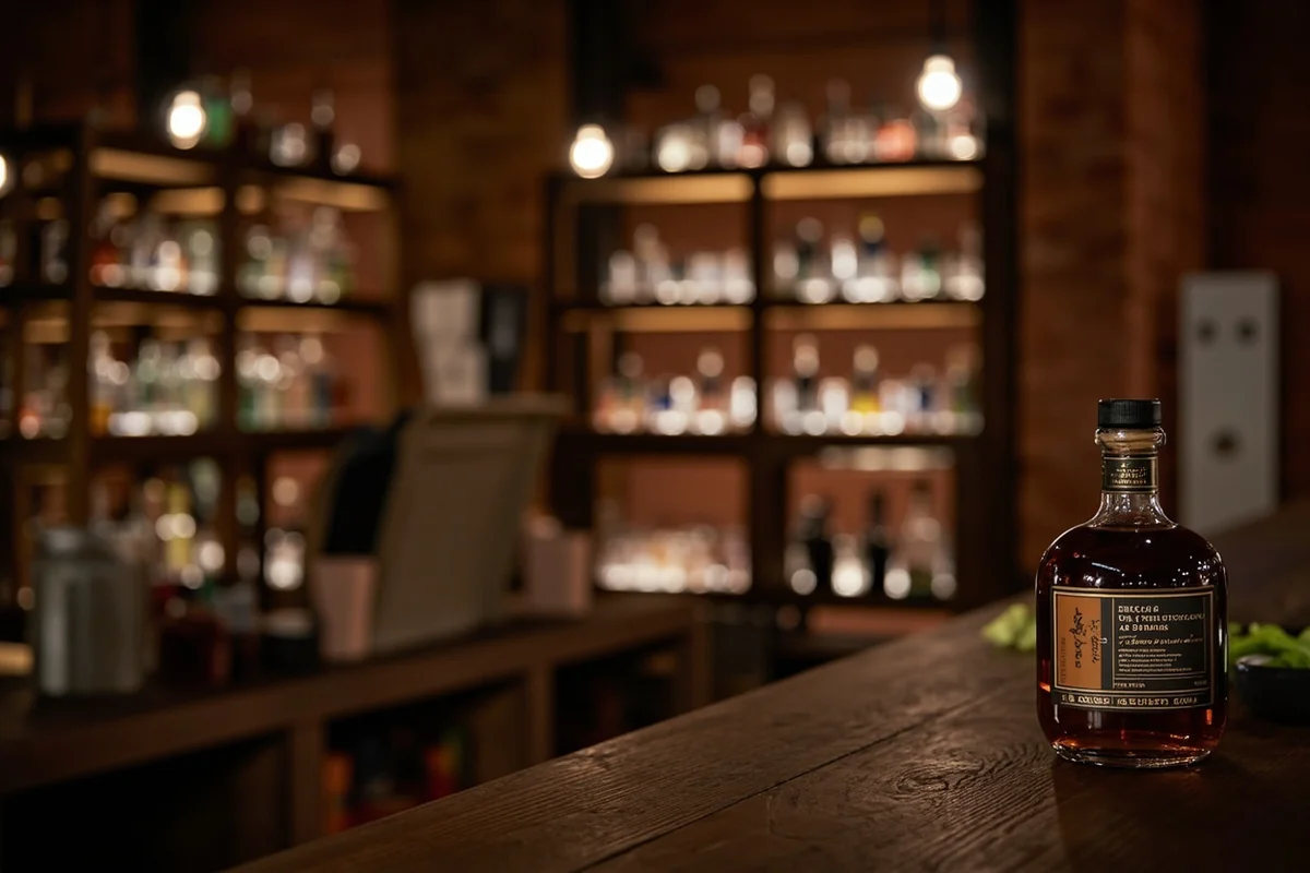 Local craft distillery tasting room in Montana with bottles displayed on wooden shelves