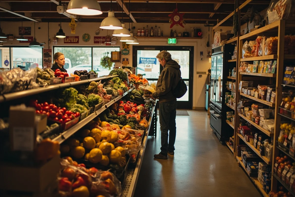Local grocery store interior in a Montana small town, showing produce section and local products