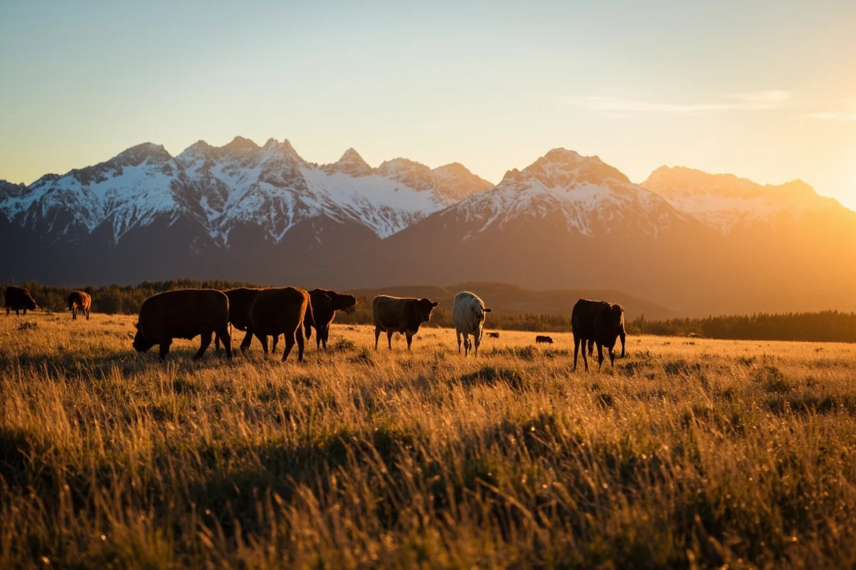 Local Montana ranch scene with cattle grazing against a backdrop of snow-capped mountains at golden hour