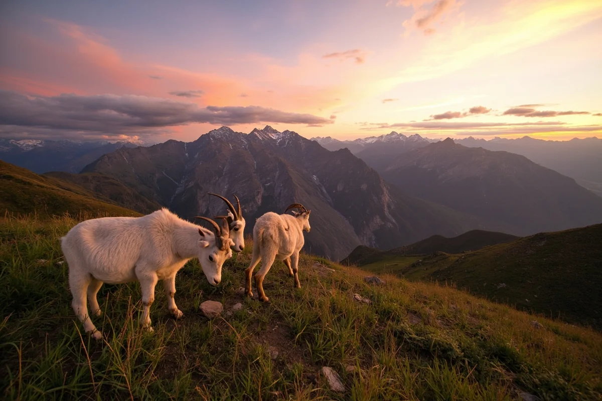 Logan Pass at sunrise with mountain goats in foreground and Garden Wall in background