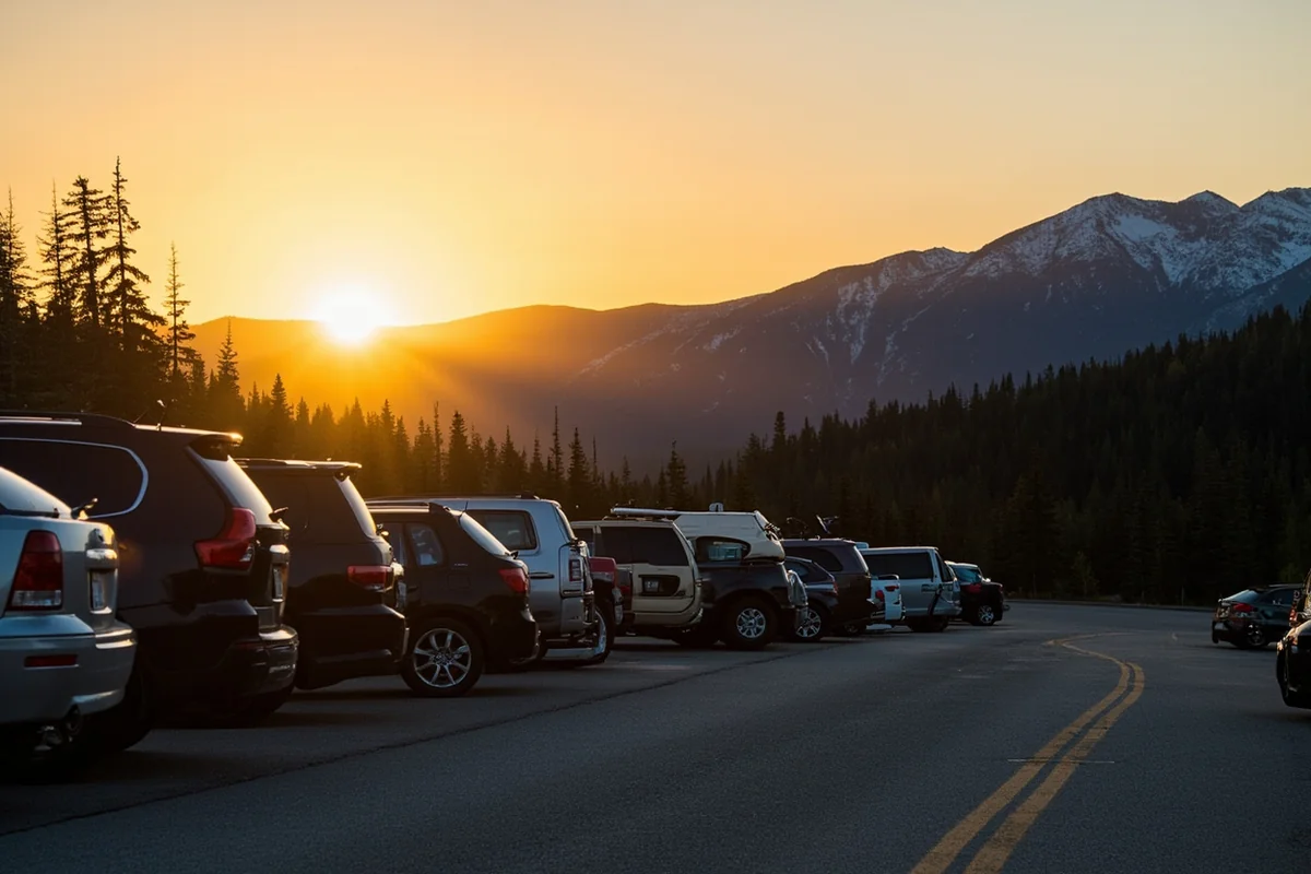 Logan Pass parking lot at sunrise with cars and mountain backdrop