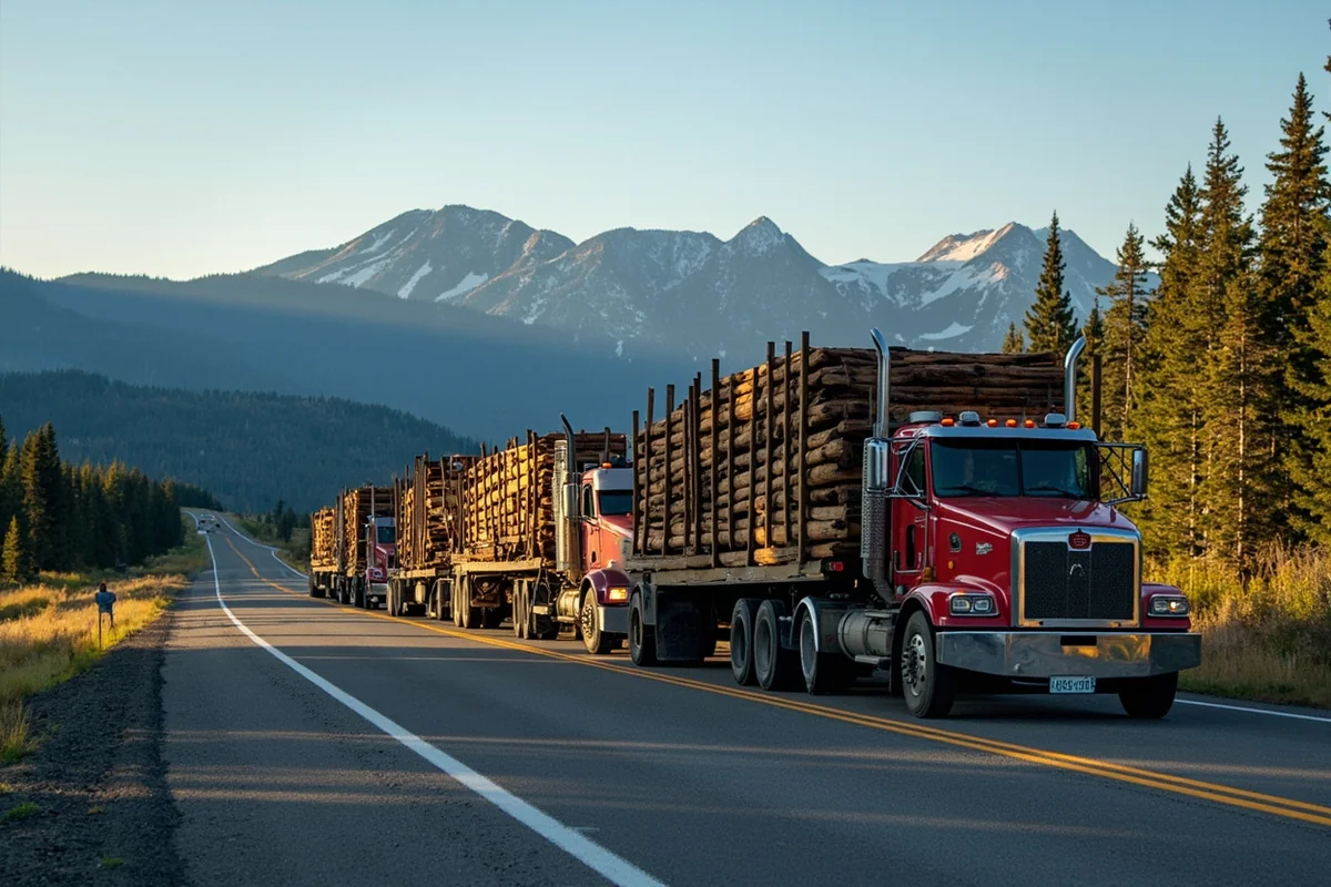 Logging trucks on Highway 93 in western Montana with forested mountains in background
