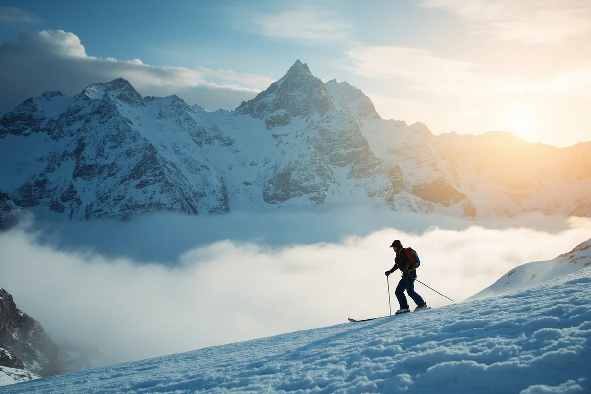 Lone skier silhouetted against dramatic mountain vista with clouds below