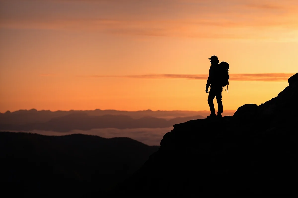 Lone traveler silhouetted against November sunset over Montana mountain range