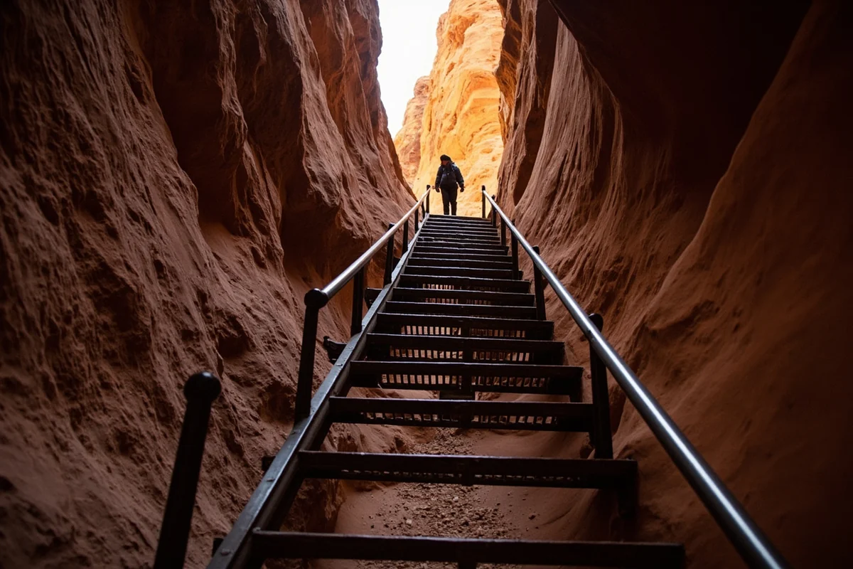 Looking up Uncle Tom's Trail steel staircase clinging to the canyon wall