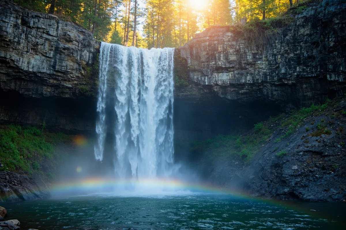 Lost Creek Falls cascading down granite cliffs with afternoon sunlight creating mist rainbows