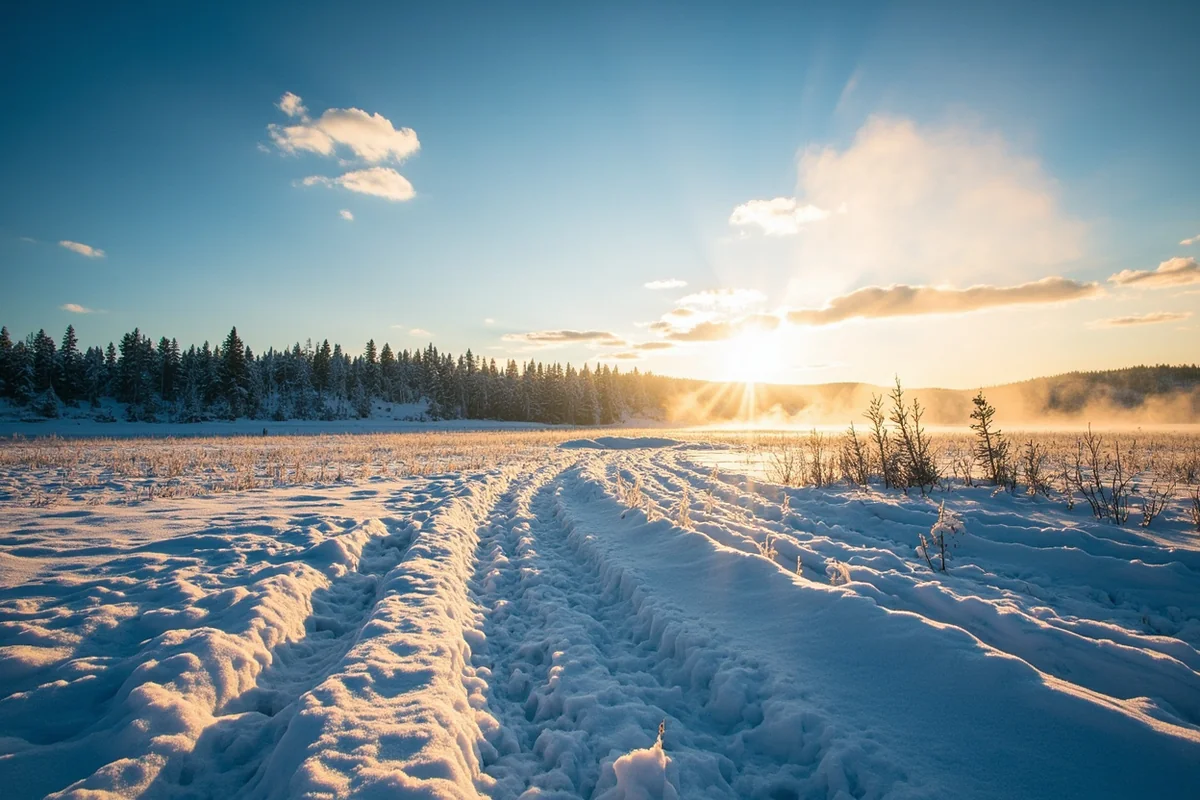 Low-angle winter sun casting long shadows across a snow-covered Montana field