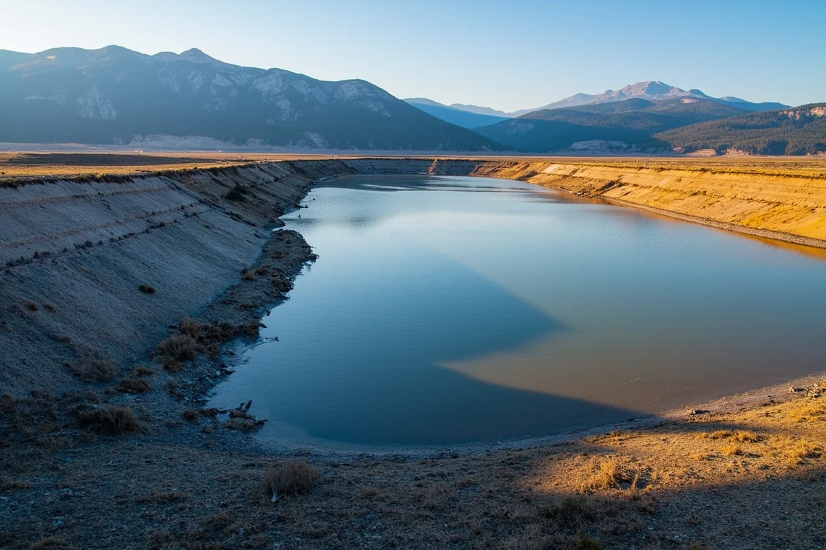 Low water levels at a Montana reservoir revealing normally submerged foundations