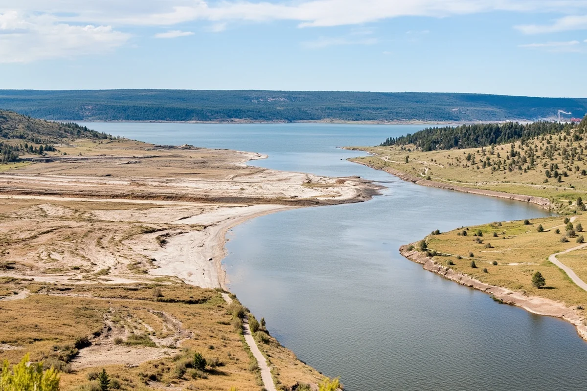 Low water levels at Canyon Ferry Reservoir showing exposed dry lakebed and distant water line