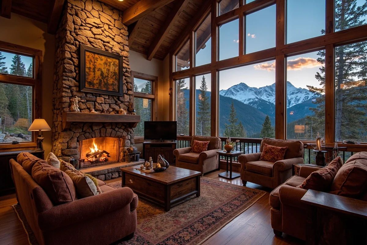 Luxurious mountain lodge interior with fireplace and mountain views through large windows