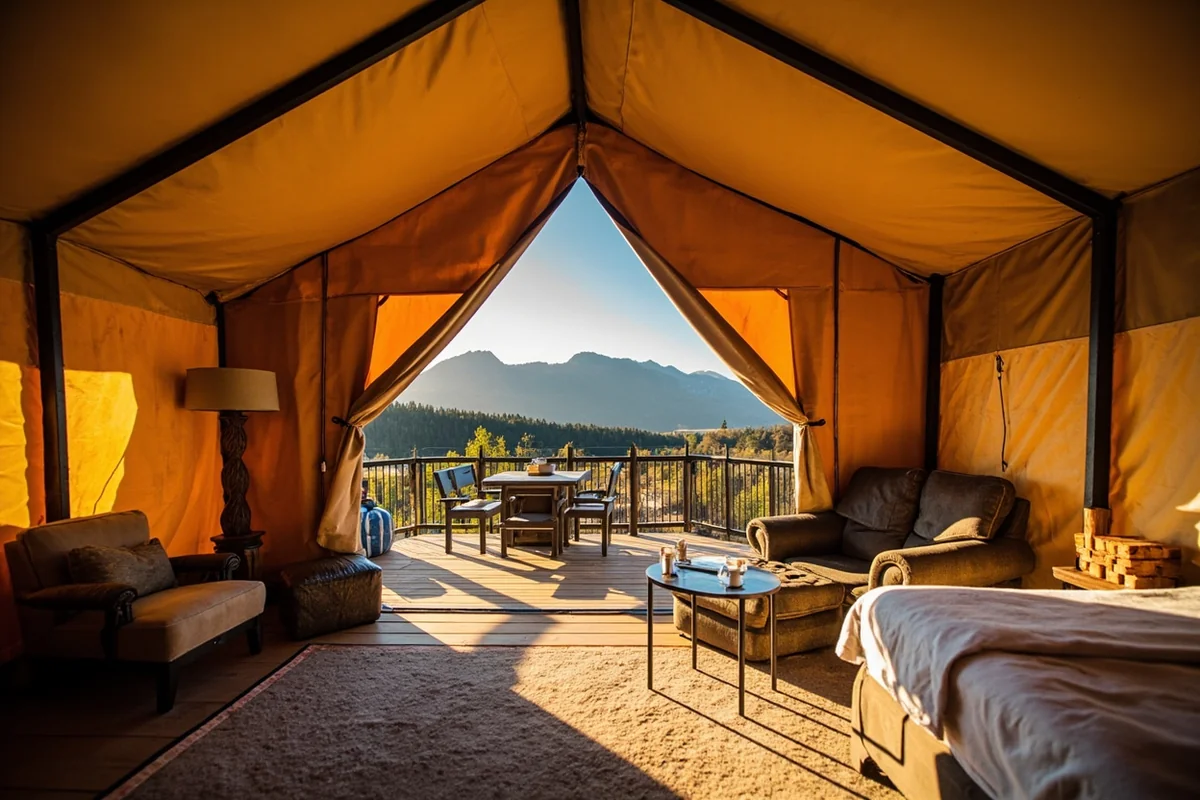 Luxury glamping tent at Paws Up with mountain views and outdoor seating area