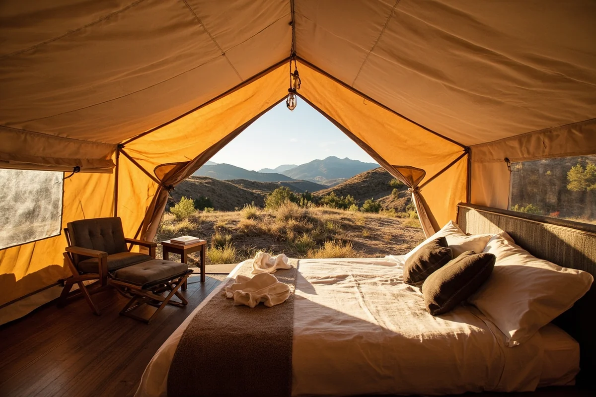 Luxury glamping tent at The Resort at Paws Up with mountain views