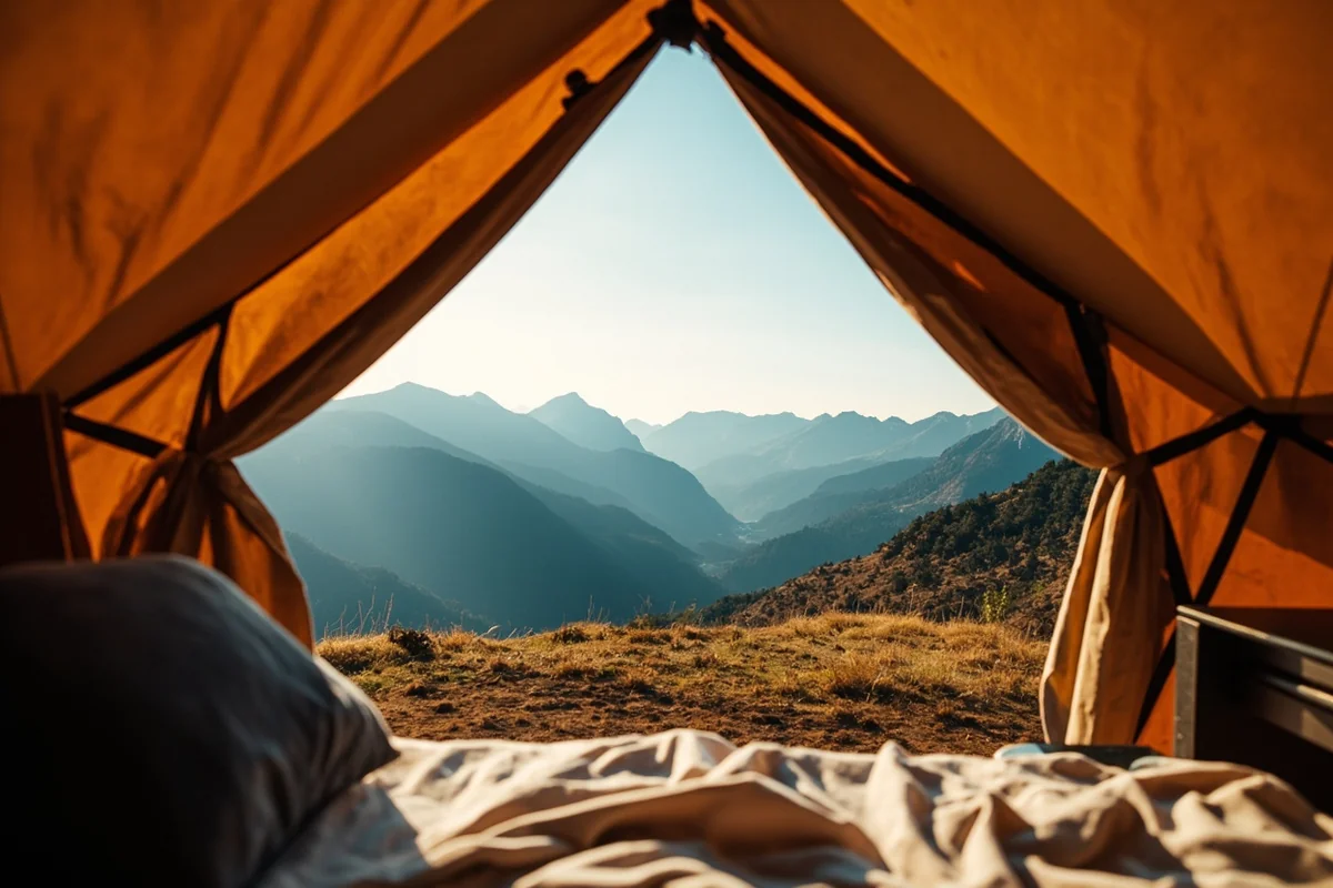 Luxury glamping tent interior with mountain views through open canvas