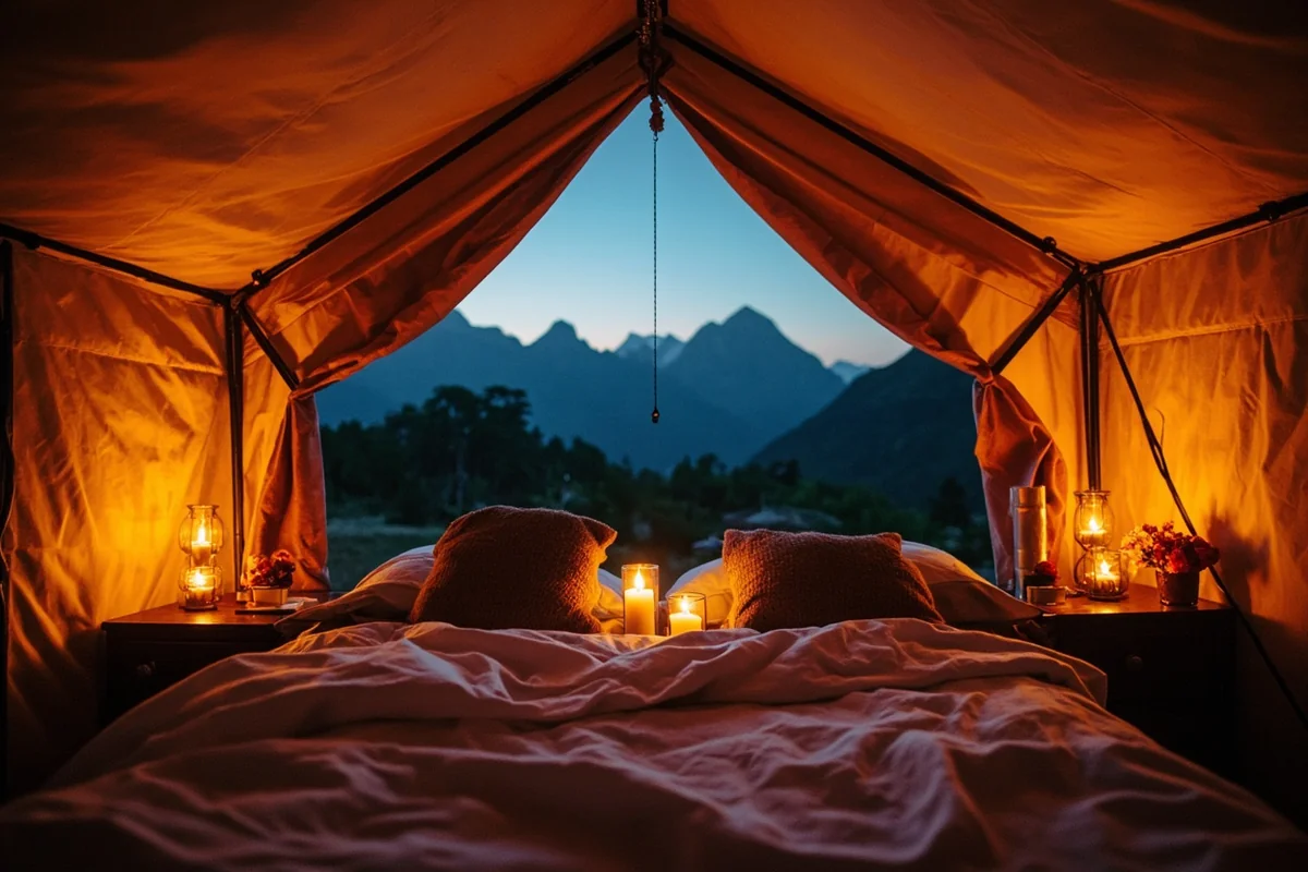 Luxury glamping tent interior with romantic lighting and mountain views