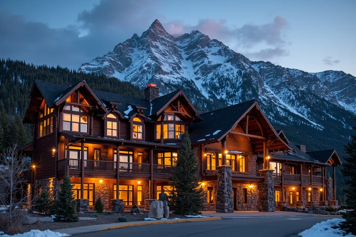 Luxury mountain lodge exterior in Big Sky with dramatic Lone Peak in background