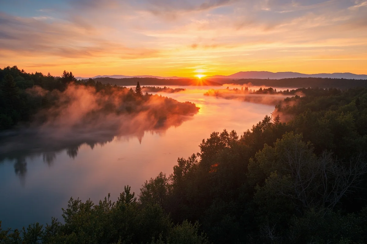 Madison Valley sunrise with morning mist rising from the river and mountains in the distance