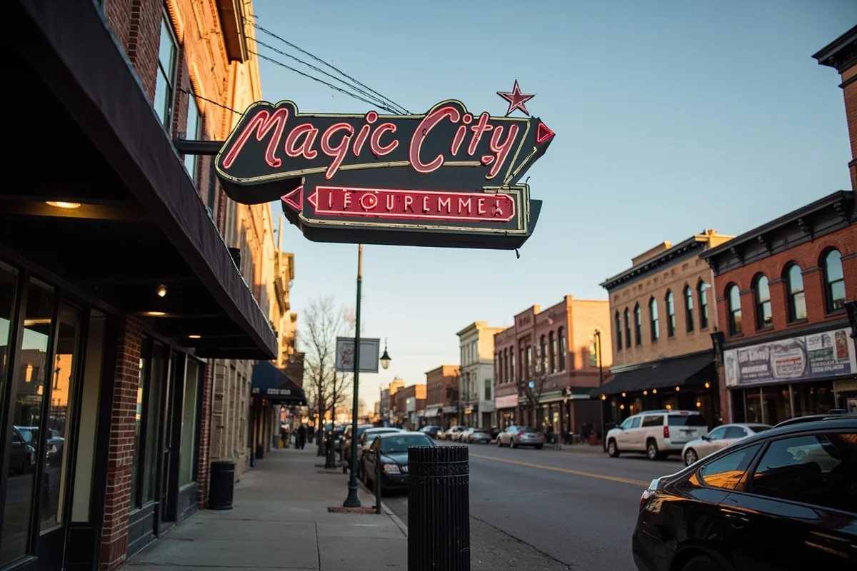 Magic City sign in downtown Billings with historic buildings visible