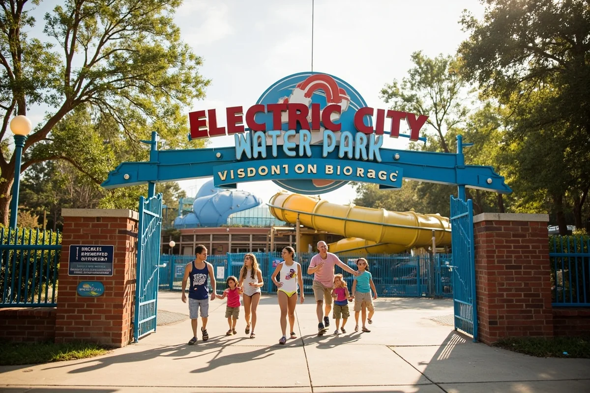 Main entrance to Electric City Water Park with families walking through gates