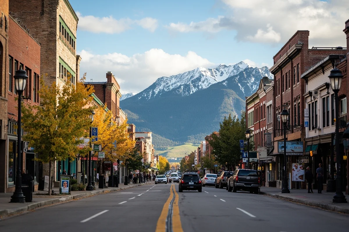 Main Street Bozeman with historic storefronts and the Bridger Mountains visible in the background